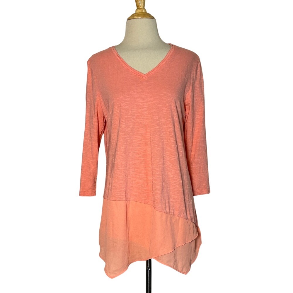 CHICO'S Size 1 US Medium Peach Cotton Modal Long Sleeve V-Neck Boho Tunic Top